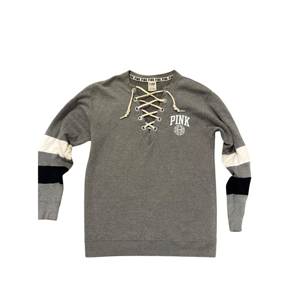 PINK Victoria's Secret Lace Up V Neck Sweatshirt XS‎ Gray Athleisure